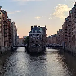 The four-story moated castle in Hamburg's Speicherstadt