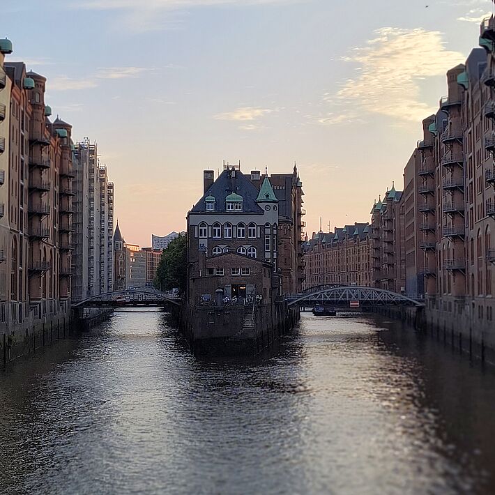 The four-story moated castle in Hamburg's Speicherstadt